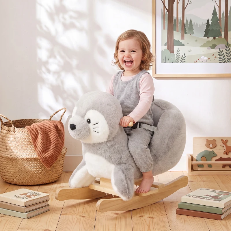 AIYAPLAY Cavallo a Dondolo per Bambini 1-3 Anni a Forma di Foca con Suoni Realistici, Cintura di Sicurezza, Grigio