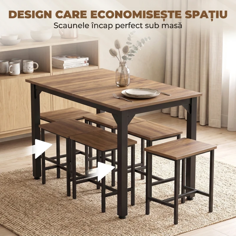 HOMCOM Set masă dining masă extensibilă 120-160 cm și 6 scaune, picioare din oțel, PAL, living, bucătărie, maro si negru