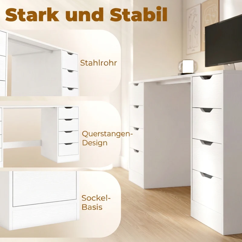 HOMCOM Bureau 140 cm met 8 laden, modern bureau met opbergruimte, witte houtlook
