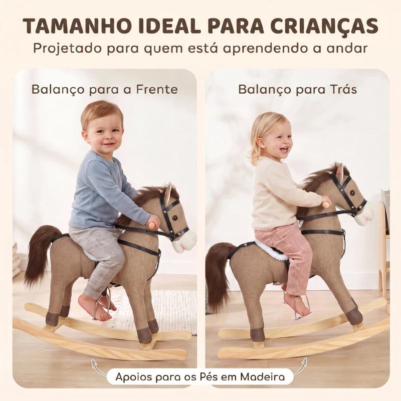 AIYAPLAY Cavalo de Baloiço com Sons, Pegas de Segurança e Base de Madeira, 12-36 Meses, Castanho-Escuro