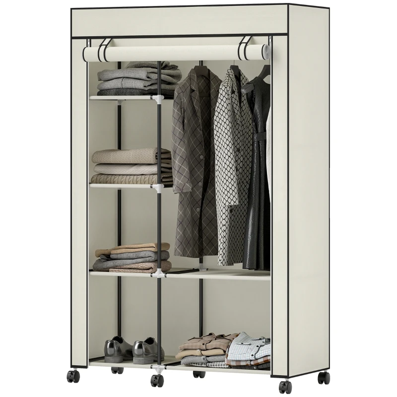 HOMCOM Roupeiro de Tecido Dobrável com 6 Prateleiras 1 Barra de Pendurar e Rodas para Dormitório Vestidor 103x43x162,5 cm Creme