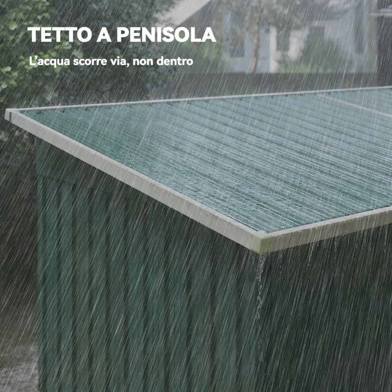 Outsunny Casetta da Giardino in Acciaio 272 x 134 cm con Porte Scorrevoli Doppie e 2 Prese d'Aria, Verde