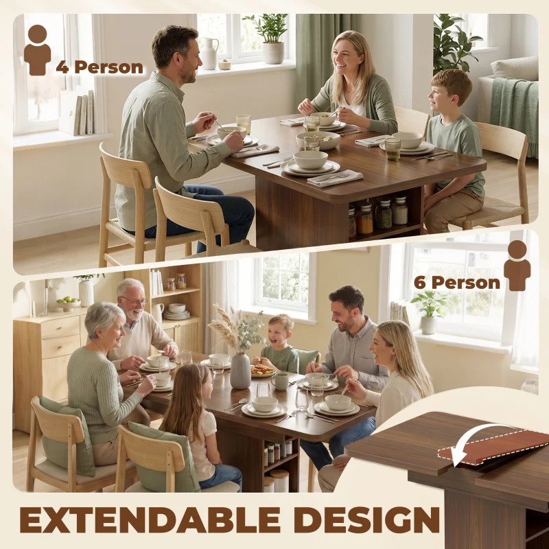 HOMCOM Extendable Dining Table for 4-6 People, 110-130cm Kitchen Table with 6 Open Shelves, Walnut Brown