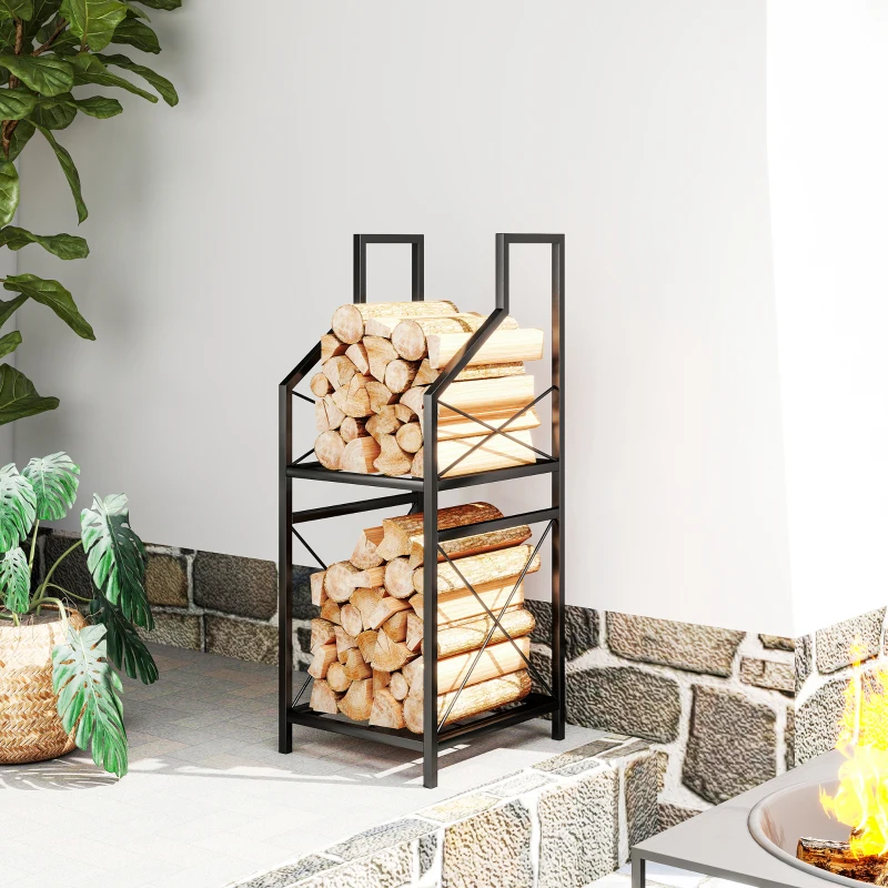 Outsunny Suport lemne de foc pe 2 niveluri din metal cu bază ridicată, 34x30x80 cm, negru
