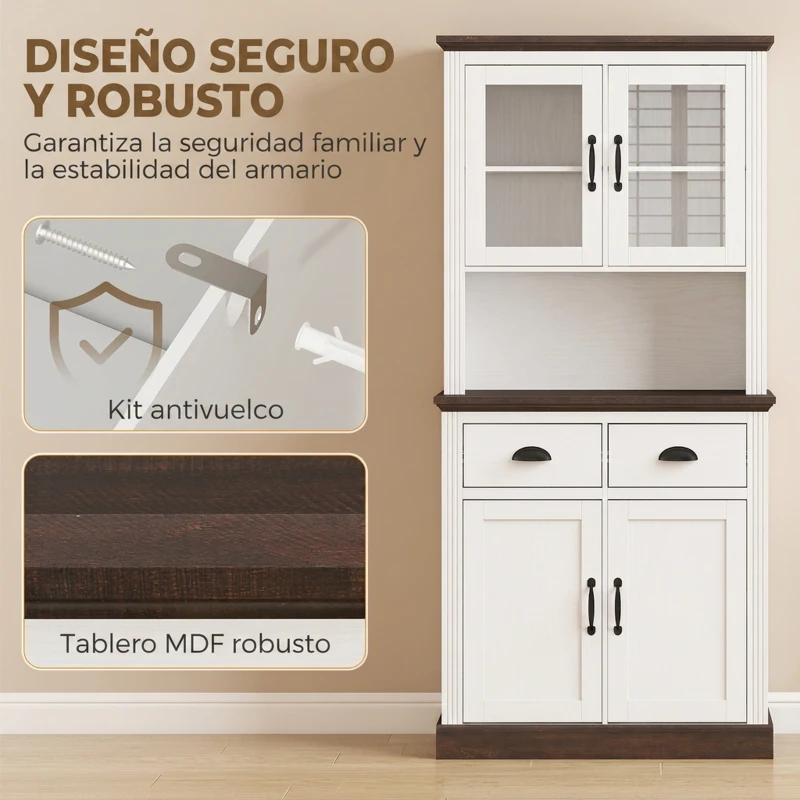HOMCOM Alacena de Cocina Alta con Puertas de Cristal 2 Cajones Estantes Ajustables Compartimento Abierto 80x38x170 cm Blanco