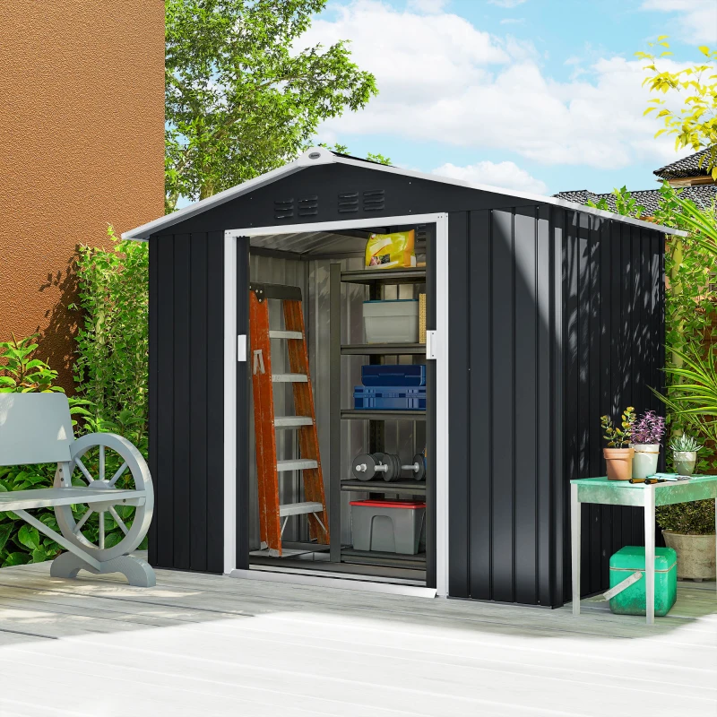 Căsuță din Metal 2,77 m² Outsunny 213 x 130 x 185 cm cu Fundație, Uși Glisante Gri Închis