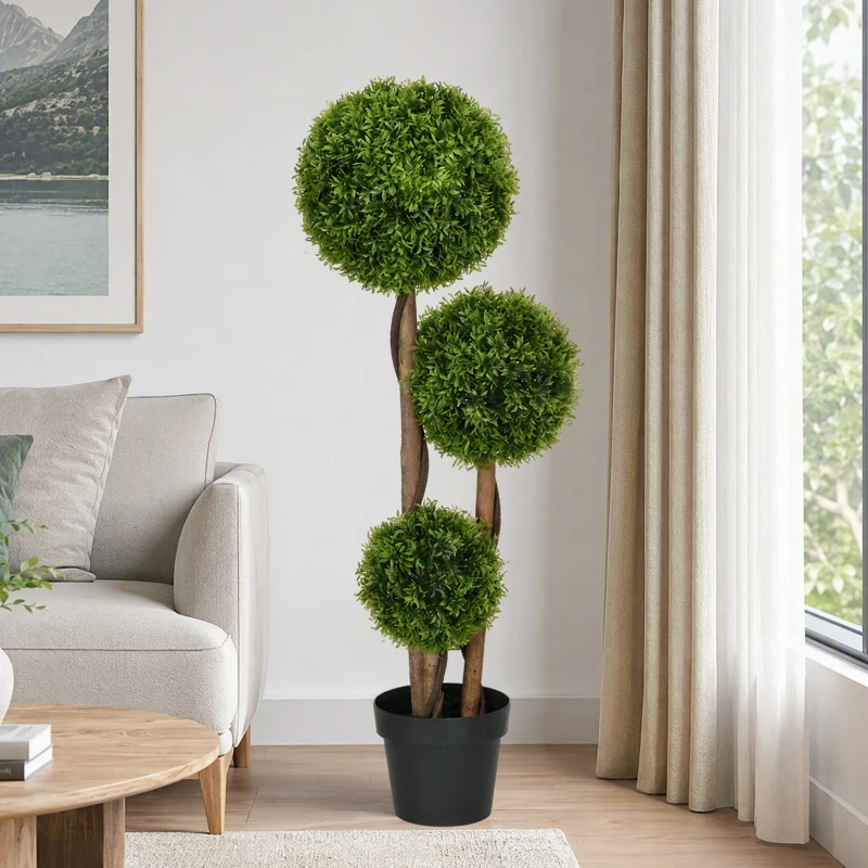 HOMCOM Pianta di Bosso Artificiale a 3 Sfere con Foglie di Bambù, Vaso Incluso, Altezza 110 cm, Verde