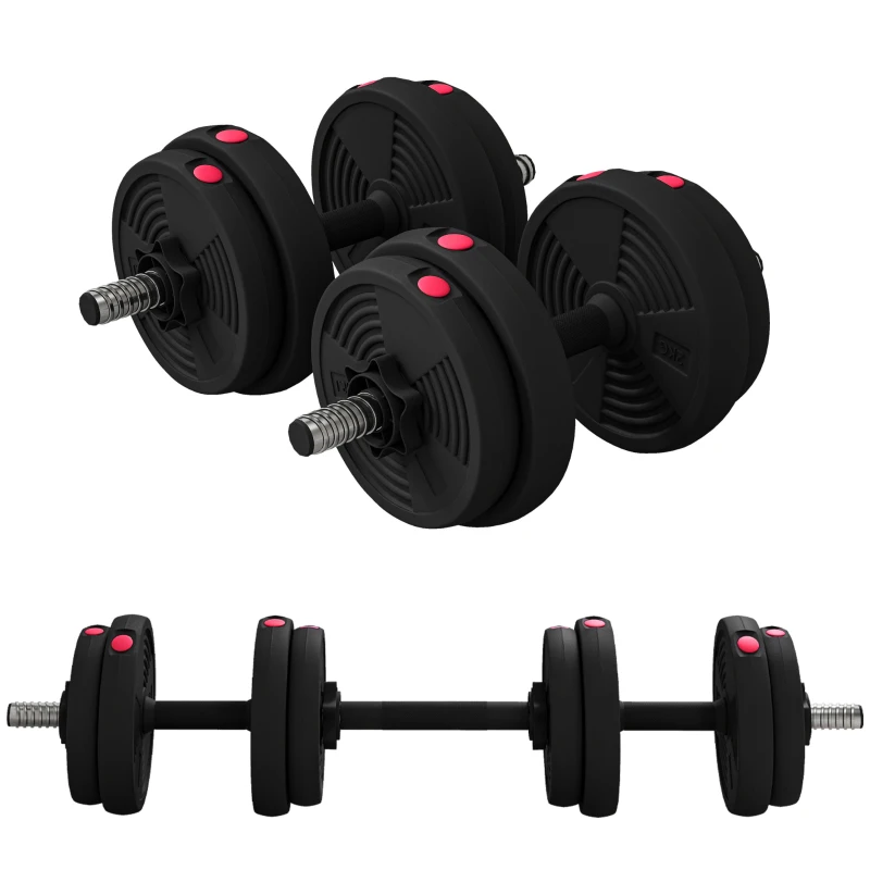 SPORTNOW Set 2 in 1 con 2 Manubri Convertibili in Bilanciere, Peso Totale 15 kg e Dischi Pesi Regolabili, Rosso