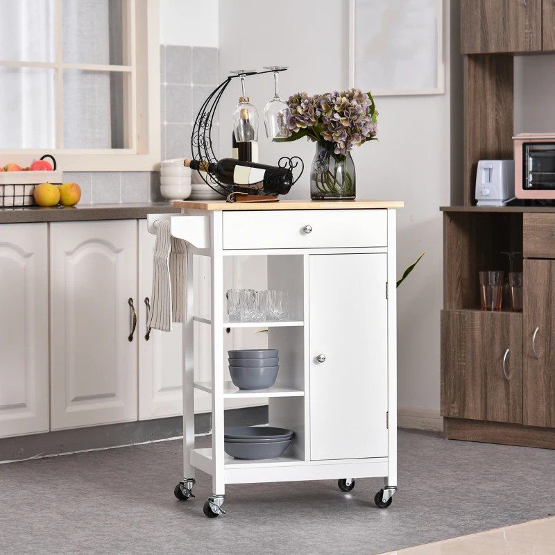 HOMCOM Desserte de cuisine à roulettes avec placard, tiroir, 3 étagères ouvertes et porte-serviettes, 66x39,5x86,5cm, blanc