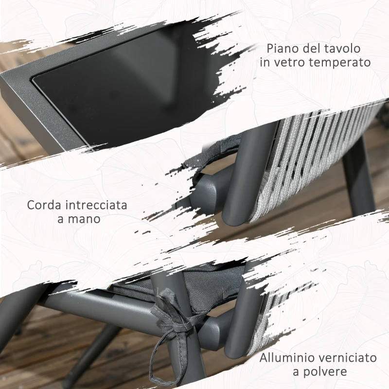 Outsunny Set da Giardino con 4 Sedie con Cuscini e Tavolo da Pranzo Quadrato in Vetro, Grigio Scuro
