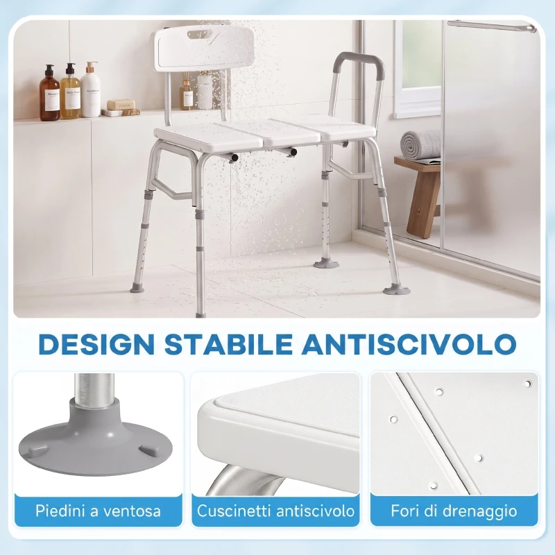 HOMCOM Sedia per Vasca da Bagno con Schienale e Bracciolo, Altezza Regolabile in 10 Livelli, Fino a 136 kg, Bianco