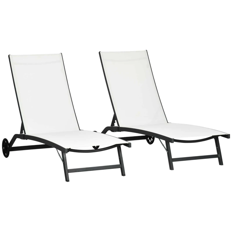 Outsunny Juego de 2 Tumbonas Reclinables de Jardín de Aluminio con Respaldo Ajustable y Ruedas 165x66x102 cm Blanco Mate