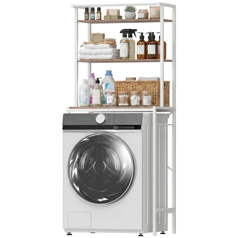 HOMCOM Étagère de Machine à Laver 3 Niveaux, Meuble pour Lave-Linge et Sèche-Linge avec Barre de Suspension, Marron et Blanc