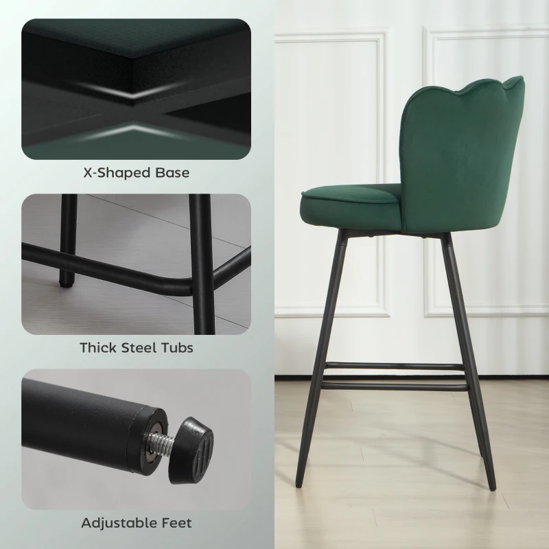 HOMCOM Set of Two Velvet-Feel Lotus Bar Stools - Dark Green