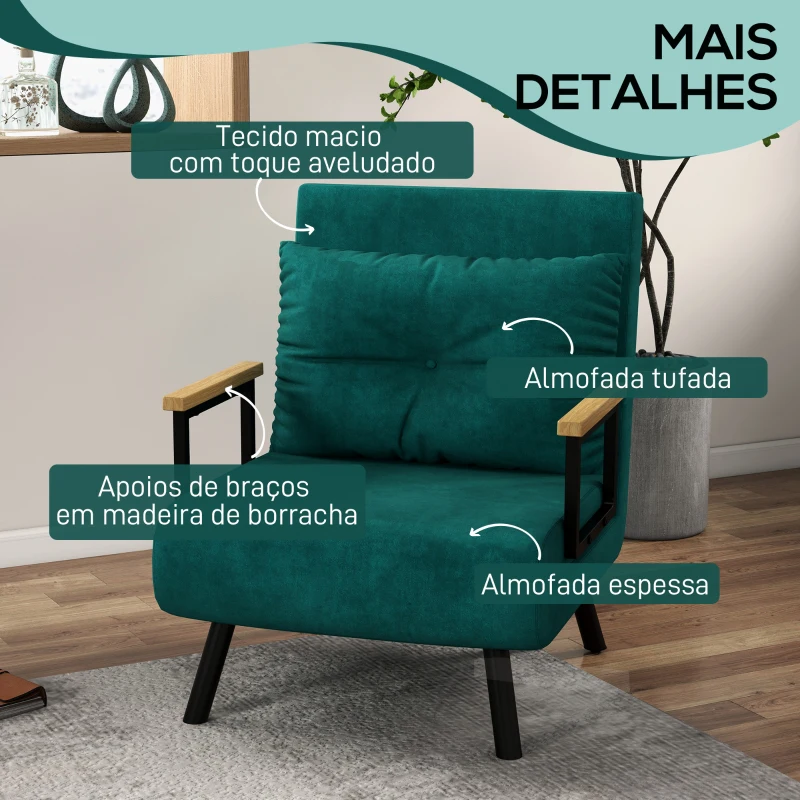 HOMCOM Poltrona Convertível em Cama Dobrável com Encosto Ajustável em 5 Níveis e Almofada Acolchoada Carga 120 kg 63x73x81 cm Verde
