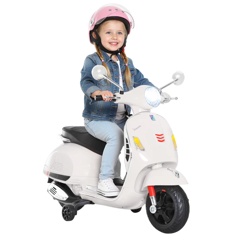 HOMCOM Motocicletă electrică pentru copii, design Vespa, baterie 6V cu sunete și lumini, vârsta 3-6 ani, alb
