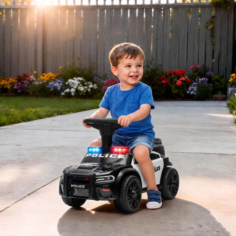 AIYAPLAY Coche Correpasillos de Policía para Niños de 18-36 Meses con Luz Música y Espacio de Almacenaje 65x29,5x36 cm Negro