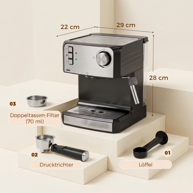 HOMCOM Espressomachine, 20-bar koffiemachine met melkopschuimer, 1,6 L waterreservoir, zwart