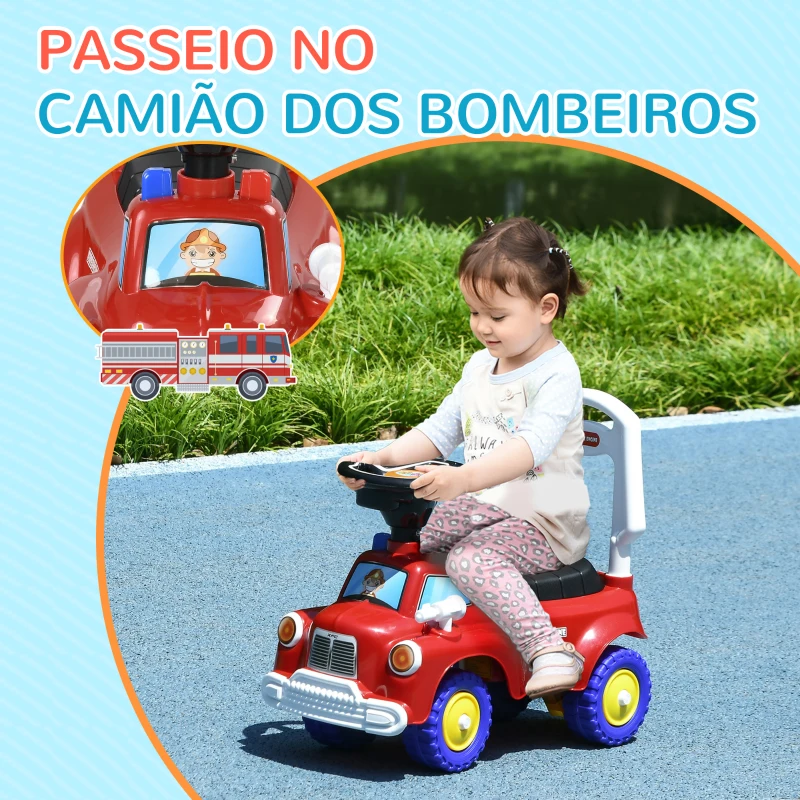 AIYAPLAY Carro Andador para Crianças com Desenho de Camião de Bombeiros 3 Luzes Música e Compartimento de Arrumação 49x24x42 cm Vermelho