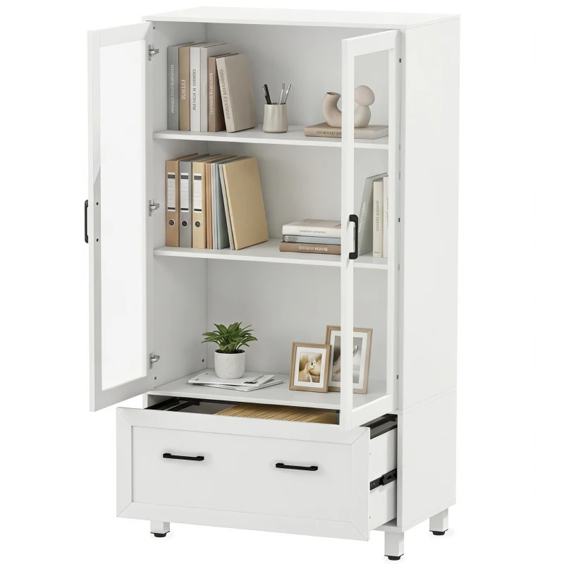 HOMCOM Arquivador com Portas de Vidro e Gaveta, Armário de Escritório com Barras Ajustáveis para Arquivo, 75x40x141 cm, Branco