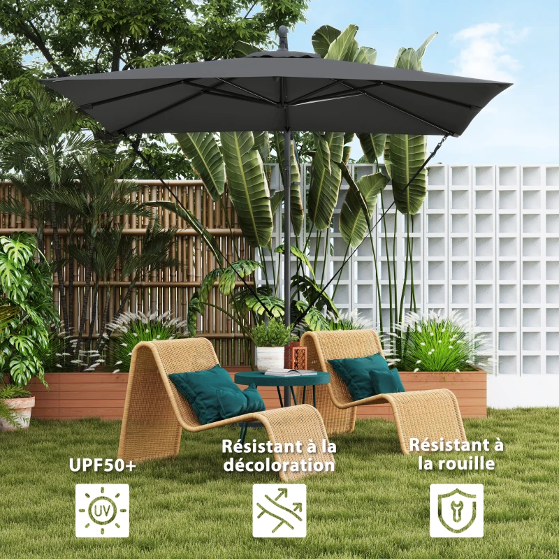 Outsunny Parasol déporté parasol de jardin extérieur Toile ajustable 8 baleines base en croix manivelle, 2,5 x 2,5 m, gris foncé