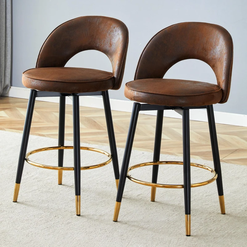 Tabouret de bar pivotant 360°, dossier ajouré design, piètement métal, 47,40x44,00x92,00 cm, Marron+Noir