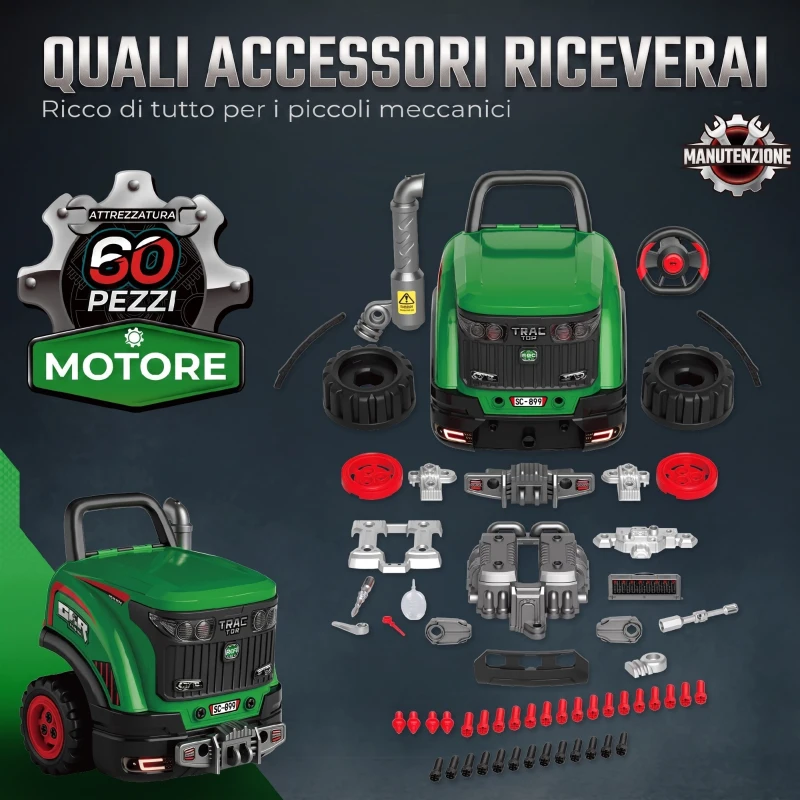 AIYAPLAY Officina Camion Giocattolo per Bambini 3-6 Anni con Motore e 60 Accessori, Ruote, Luci, Vapore, Suoni, Verde
