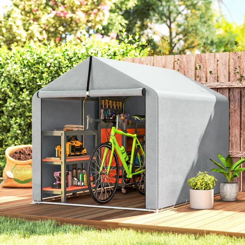 Outsunny Carpa de Jardín Exterior para Herramientas Bicicletas con Marco de Acero Galvanizado Puerta Enrollable Gris