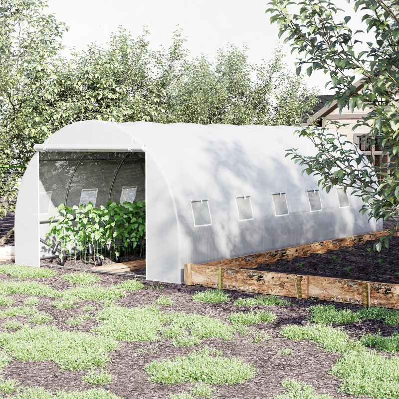 Outsunny Invernadero de Túnel 6x3x2 m Invernadero de Jardín con Puerta Enrollable 12 Ventanas Cubierta de PE 140 g/m² y Metal Galvanizado para Cultivos Plantas Verduras Blanco