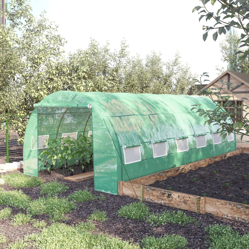 Outsunny Invernadero de Túnel 6x3x2 m con Puerta y 12 Ventanas de Malla Enrollables Invernadero de Huerto para Patio Jardín Verde