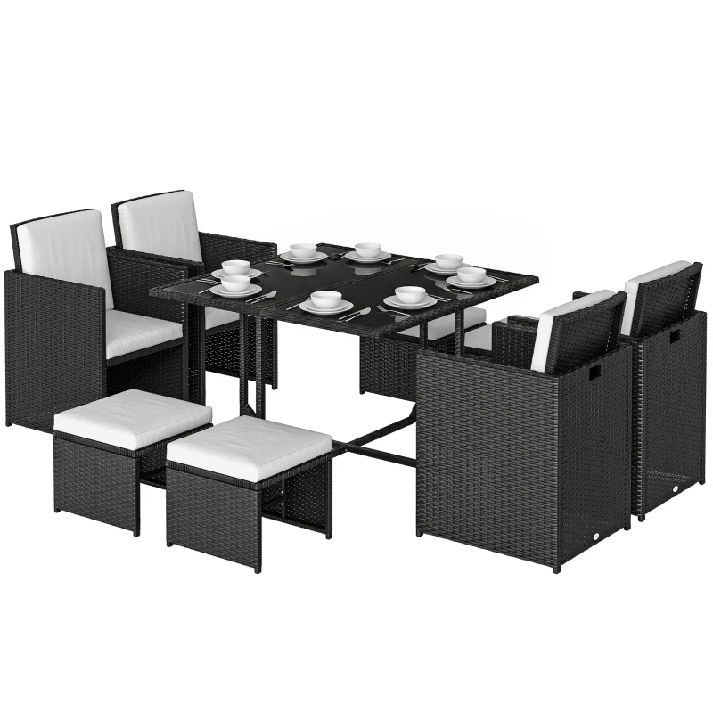 Outsunny Ensemble Salon de Jardin encastrable 8 Personnes 9 pièces résine tressée 4 Fils Imitation rotin Noir Coussins déhoussables crème