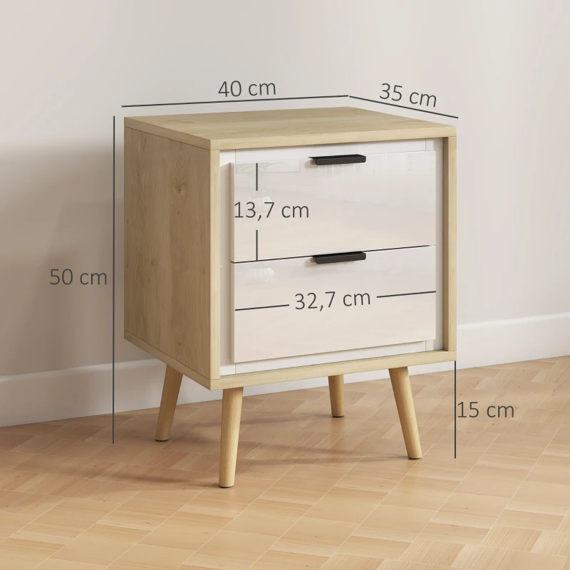 HOMCOM Juego de 2 Mesitas de Noche Modernas con 2 Cajones con Deslizamiento Silencioso 40x35x50 cm Blanco Brillo y Roble