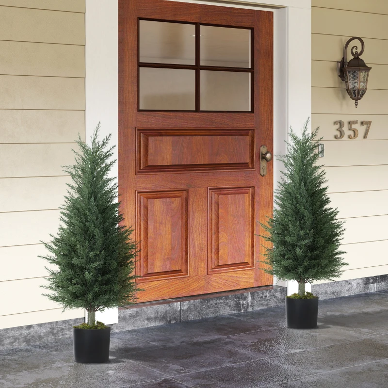 Outsunny Set 2 Plante Artificiale de Chiparos cu 362 Frunze și Ghiveci cu Ciment și Mușchi, Plante Rezistente la UV, Ø40x90 cm, Verde