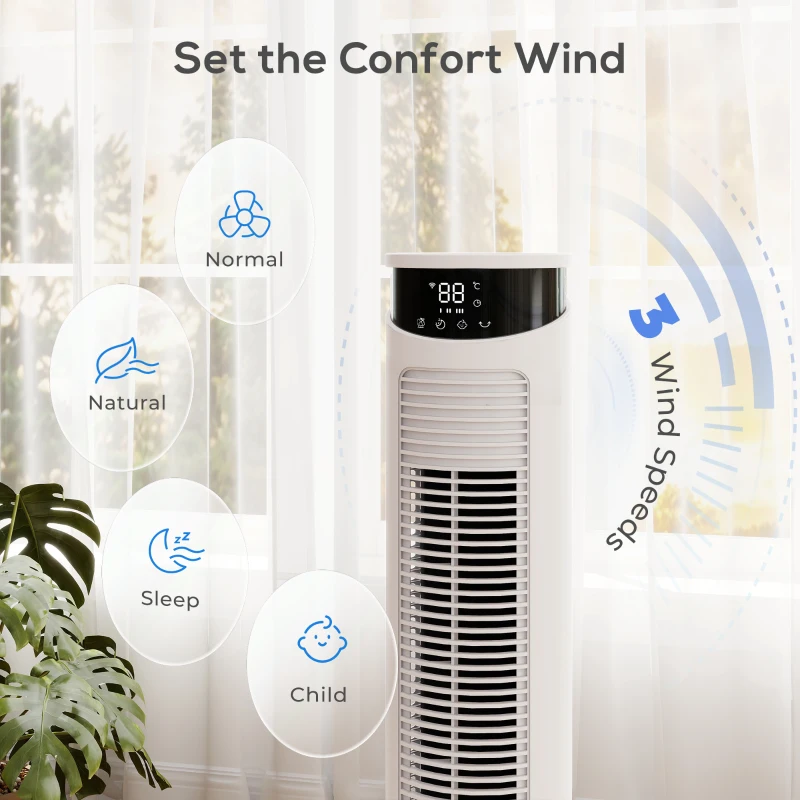 HOMCOM Tower Fan with WiFi Control Standing Floor Fan with Remote Control 116 cm White