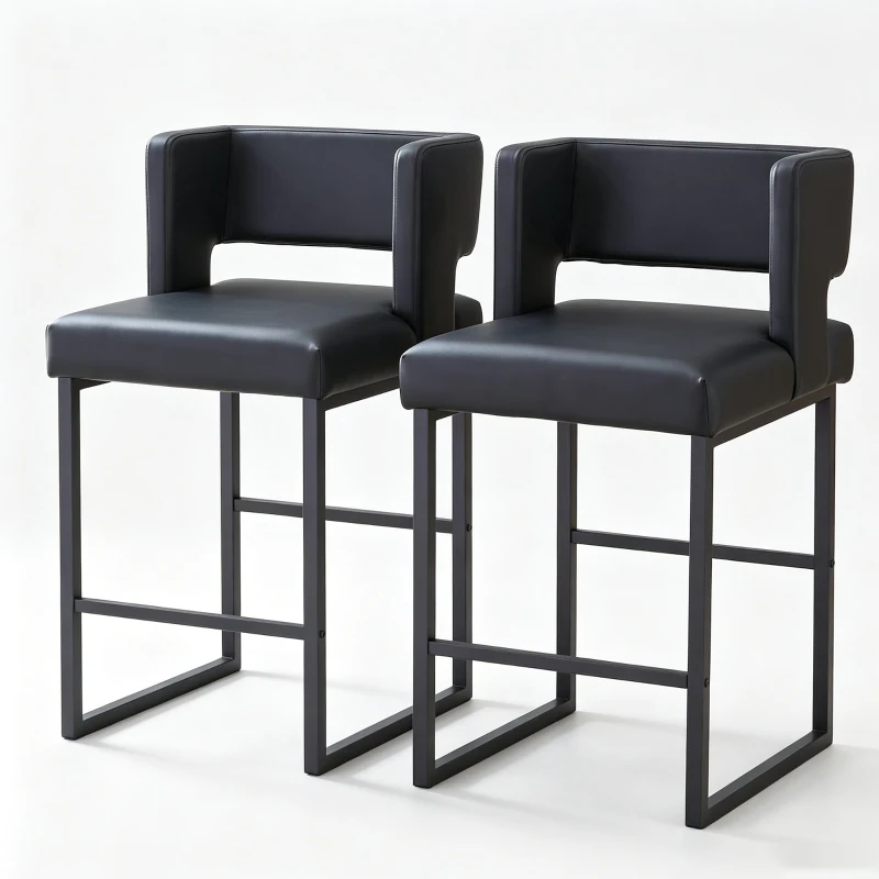 Lot de 2 tabourets de bar style nordique, structure métallique robuste avec pieds argentés, 48x53.3x91.4 cm, Noir
