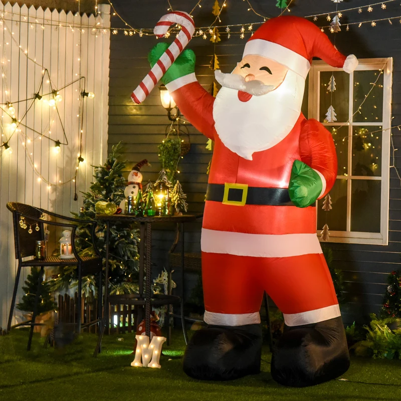 HOMCOM Babbo Natale Gonfiabile da Esterno 243cm, Addobbi Gionfiabili di Natale, Decorazione Natalizia con Bastoncino di Zucchero, 2 Luci a LED, Impermeabile IP44