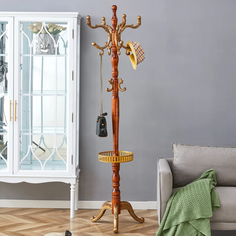 Porte-manteau européen en bois massif, design sculpté et élégant, plusieurs crochets à hauteurs variées, 48x48x195 cm, Couleur naturelle