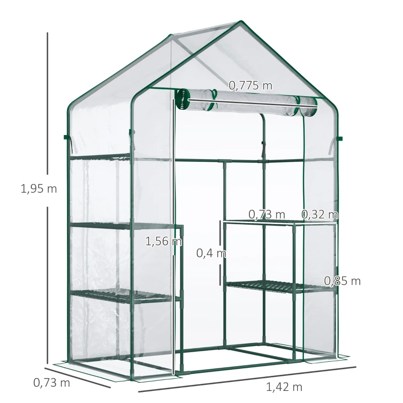 Outsunny Serre de jardin 4 tablettes acier PVC haute densité 140 g/m² anti-UV 142 x 73 x 195 cm transparent vert