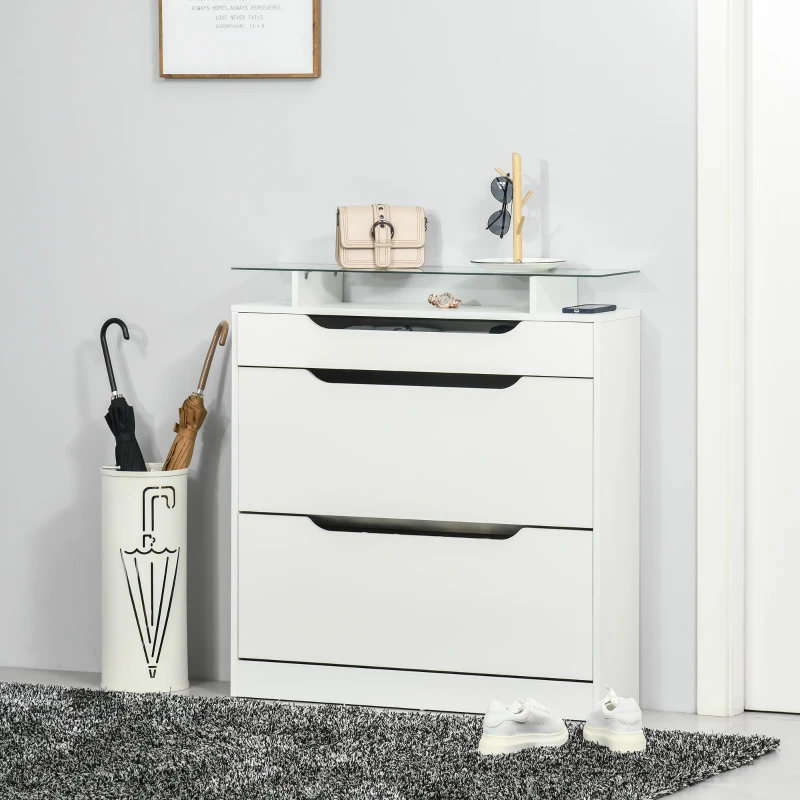 HOMCOM Zapatero Estrecho de 2 Puertas Mueble Zapatero para 16 Pares de Zapatos con Cajón Estante Abierto y Encimera de Vidrio para Pasillo Entrada 89x23x96 cm Blanco