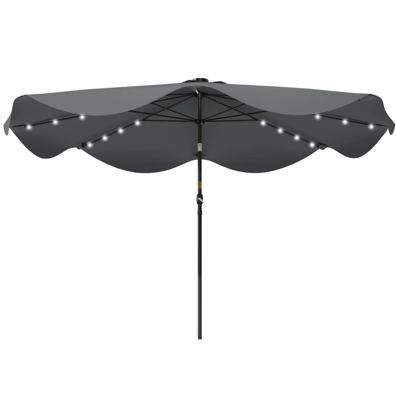 Outsunny Sombrilla de Jardín Manual Ø292x254 cm con 32 Luces LED Solares 8 Varillas Impermeable y Rejillas de Ventilación Gris