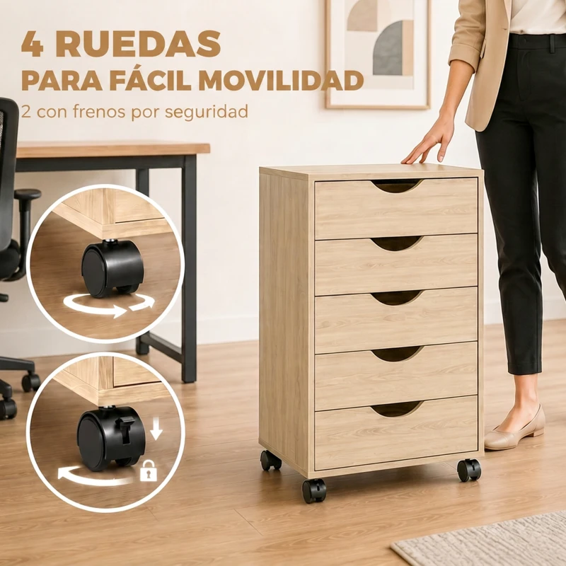 HOMCOM Cajonera Oficina con Ruedas y 5 Cajones Archivador Móvil, para Estudio Salón 40x40x67 cm Roble