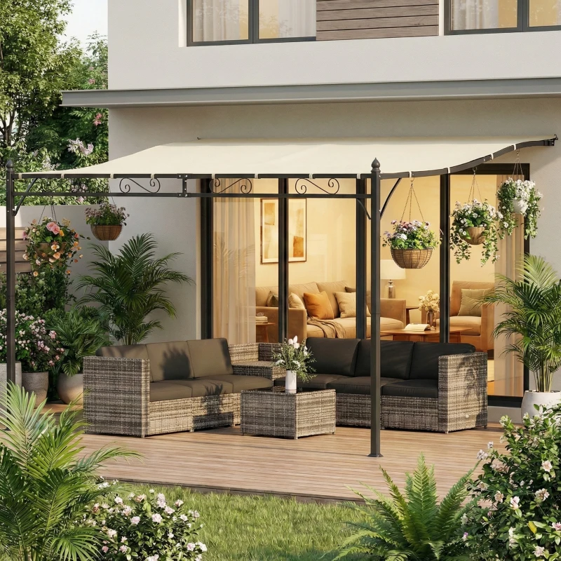 Outsunny Pérgola de Pared 2,5x3,5 m con Techo Inclinado Orificios de Drenaje y Estructura Metálica Blanco Crema