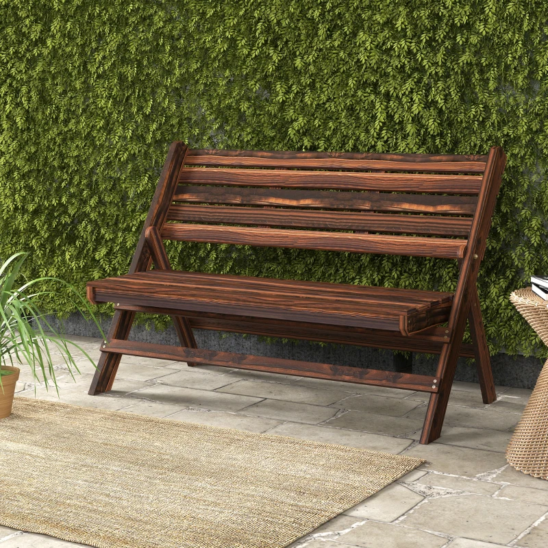 Outsunny Panchina da Giardino 2 Posti Pieghevole a Doghe in Legno di Pino, 122x63x83 cm, Carbonizzato