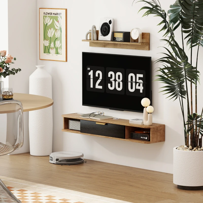 HOMCOM Conjunto de Muebles de Salón Muebles de TV con Estante de Pared Compartimentos Orificios para Cables 120x24x16 cm Roble