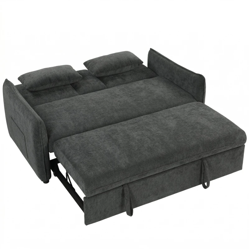 HOMCOM 3 in 1 Divano Letto 2 Posti con Schienale Regolabile in 3 Posizioni con 2 Cuscini, in Ciniglia, Grigio Scuro