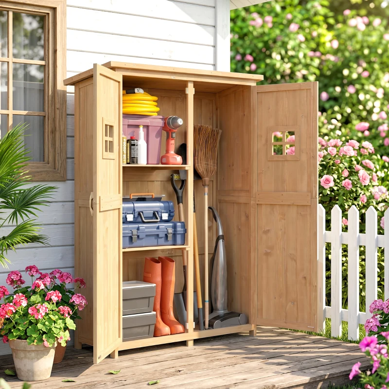 Outsunny Casetta da Giardino Legno con Porta Doppia, Mensole e Finestre, 127.5x50x164cm