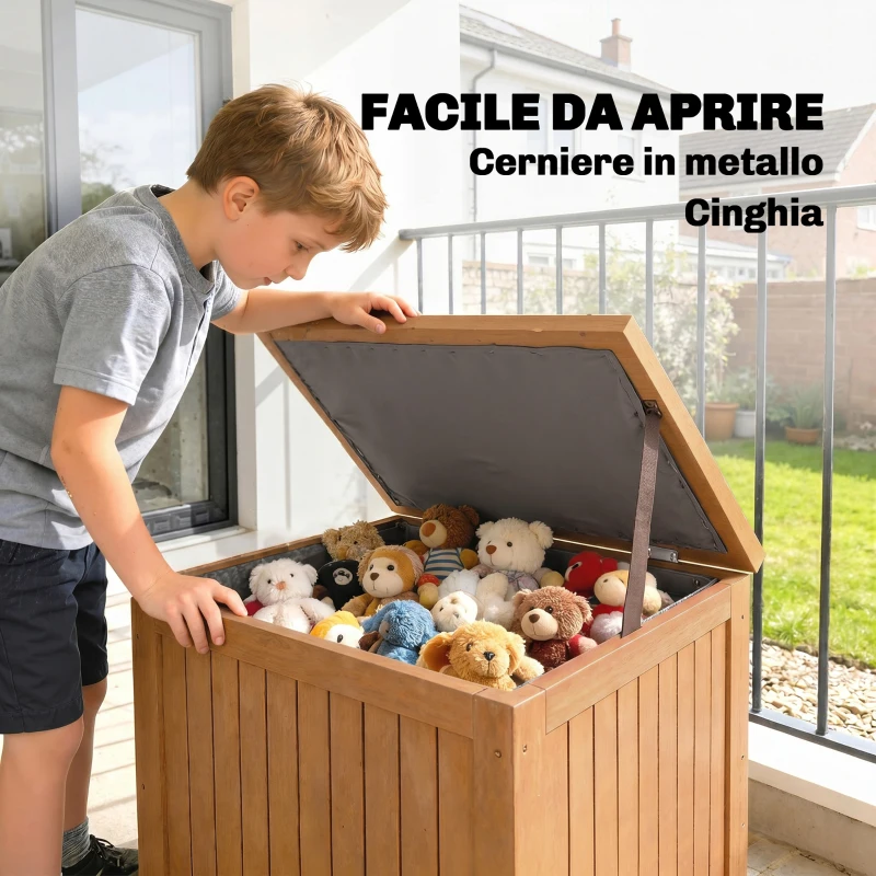 Outsunny Cassapanca da Esterno 130L con Coperchio Cerniere e Cinghia, in Legno, 63x51x58.5 cm, Marrone