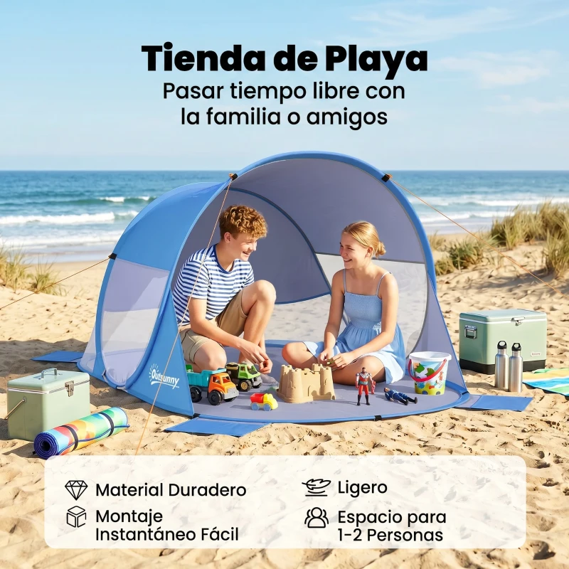 Outsunny Carpa de Playa Automático para 1-2 Personas con 1 Puerta 2 Ventanas y Bolsa de Transporte 200x120x90 cm Azul