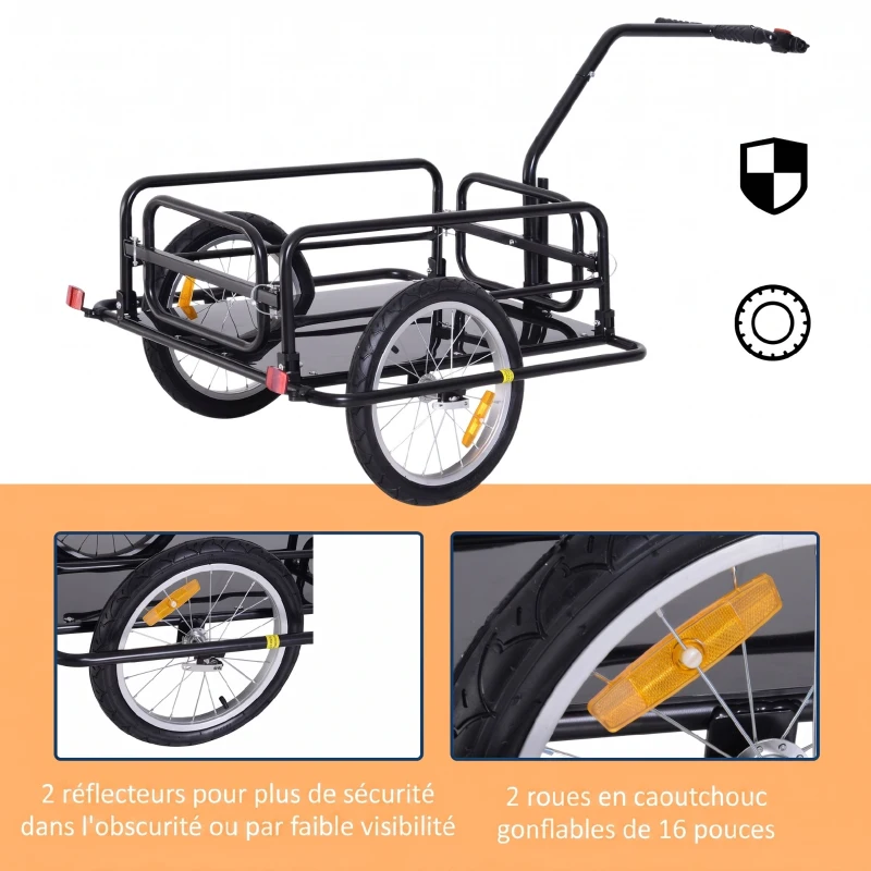 HOMCOM Remorque vélo remorque de transport pour vélo 70 L 155L x 71,5l x 77H cm poignée barre d'attelage universelle pliable acier Charge max. 40 Kg noir