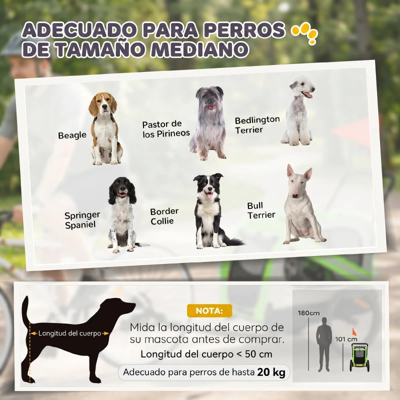 PawHut Remolque de Bicicleta para Perros 2 en 1 Carrito para Mascotas Plegable con Cinturón de Seguridad Reflectores Verde